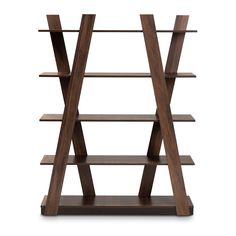 a wooden book shelf with three shelves on each side and two different sections in the middle