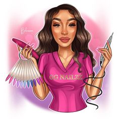 a drawing of a woman holding shopping bags and scissors in one hand with the word gg naziz on it