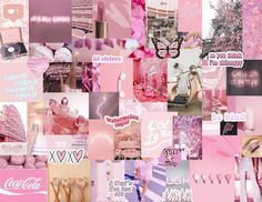 a collage of pink and white images