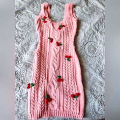 Very Cute, Tiktok Influencer-Y! Brand: Dolls Kill Size: Small Kawaii Crochet Dress, Cherry Dress, Pink Knit, Dolls Kill, Pink Red, Dress Shop, Colorful Dresses, Cherry, Dress Es