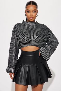 Available In Gunmetal. Metallic Pullover Sweater Long Sleeve Bell Sleeve Crew Neck Ribbed Hem Cropped 100% Acrylic Imported | Holiday In Metallic Sweater in Gun Metal size Medium by Fashion Nova Metallic Sweater, Women Hoodies Sweatshirts, Sweater Long Sleeve, Long Sweaters, Bell Sleeve, Classy Outfits, Pullover Sweater, Long Sleeve Sweater, Sweater Outfits