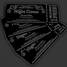 three black and white tickets with the words night circus on them