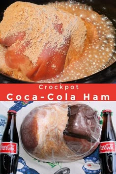 two pictures side by side, one has ham and the other has coke