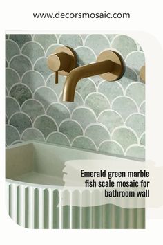 a bathroom sink with the words emerald green marble fish scale mosaic for bath room wall