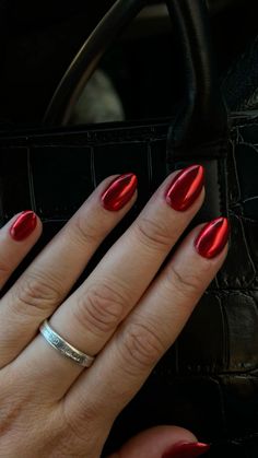 Red Chrome Nails With Design, Chrome Red Almond Nails, Christmas Nails Chrome Red, Red Chrome Holiday Nails, Red Chrome Nails Square, Maroon Nails With Chrome, Red Chrome Nails Short, Short Red Chrome Nails, Bright Red Chrome Nails