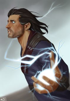 a man with long hair is holding his hand out to the side while lightning strikes behind him