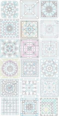 a bunch of different designs on a white surface with blue and pink lines in the middle