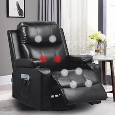 a black recliner chair with red circles on it