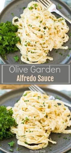 two plates filled with alfredo sauce and parsley garnished with parsley on the side