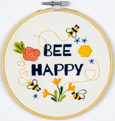 a bee happy embroidery kit with flowers and bees