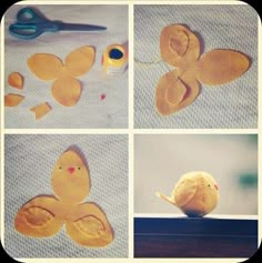 four pictures showing the process of making an egg with paper machs and scissors on it