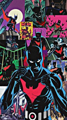 an image of batman collaged with many different characters and colors in the background