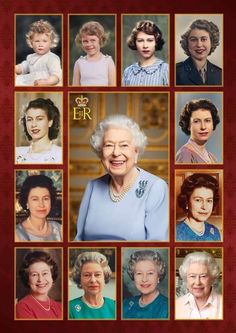 the royal family portraits are shown in red and gold frames, with an image of queen elizabeth