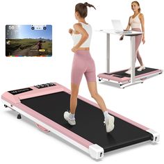 a woman is running on a pink treadmill