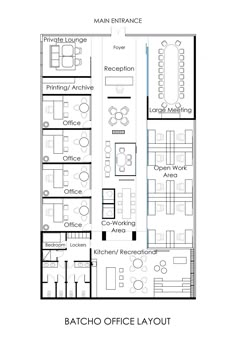 the floor plan for an office with two floors and three desks in each room