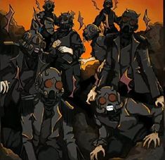 an image of some people in black suits and gas masks with bats flying around them