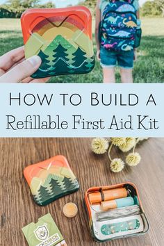 refillable first kit laid out on table and held up in front of a girl with a dinosaure backpack on Hiking Emergency Kit, Kids First Aid Kit Diy, Diy First Aid Kit For Kids, First Aid Kit For Kids, Diy Travel Kits, Hiking Kit, Backpacking First Aid Kit, Hiking First Aid Kit