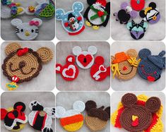 many crocheted mickey mouse and other items are shown in this series of photos