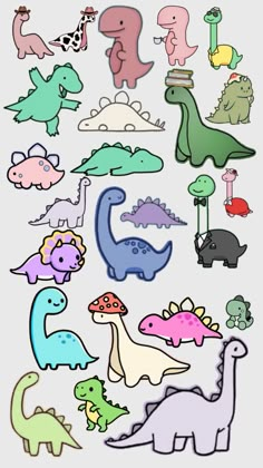 a bunch of different types of dinosaurs on a white background