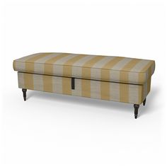 an upholstered bench with wooden legs and striped fabric on the top, against a white background