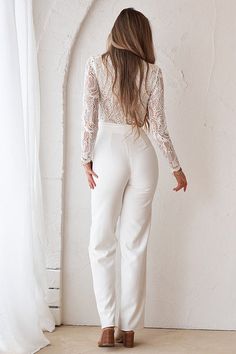 Elegant Long Sleeve Lace Jumpsuits And Rompers, Formal Lace Bottoms With Lace Trim, Evening Pants With Lace Trim, Lace Long Sleeve Jumpsuits And Rompers For Party, Elegant Beige Pants For Wedding, Elegant Beige Wedding Pants, Elegant Beige Bottoms With Lace Trim, Elegant Lace Jumpsuits And Rompers For Spring, Fitted Long Sleeve Jumpsuits And Rompers For Wedding