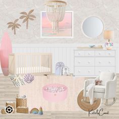 a baby's room is decorated in pink and white