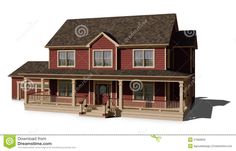 a 3d rendering of a red house with porches and balconies on the second floor