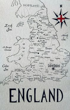 a map of england with the names and cities in black ink on white parchment paper