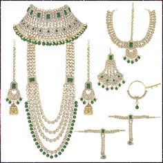 Indian Heavy Bridal Jewelry Set Long Choker Necklace Earrings Maang Tikka Nath Paasa Hath Phool Traditional Faux Kundan Beads Wedding Wear for Women (Green) Tika Jewelry, Bridal Jewellery Set, Indian Bridal Jewellery, Indian Bridal Jewelry Sets