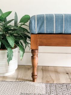 a wooden bench sitting next to a potted plant on top of a hard wood floor