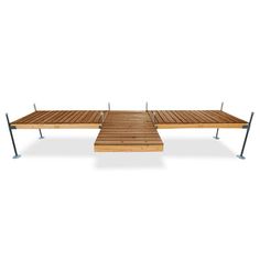 a wooden table with metal legs and two benches on each side, in front of a white background