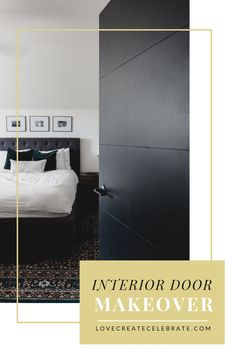 the interior door is open to reveal a bedroom with white walls and black bedding