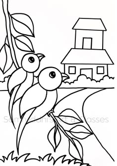 a black and white drawing of a bird on a tree branch with a house in the background