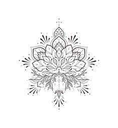 a black and white drawing of a lotus flower on a white background with an intricate design