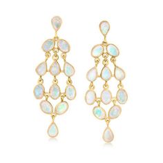 Ross-Simons - Ethiopian Opal Chandelier Earrings in 18kt Gold Over Sterling. These gorgeous chandelier earrings are designed to move when you do, giving the 6x4mm oval and pear-shaped Ethiopian opals plenty of opportunities to flaunt their alluring color play. Set in polished 18kt yellow gold over sterling silver. Hanging length is 2". Post/clutch, chandelier opal earrings. Opal birthstones are the perfect gift for October birthdays. October Birthdays, Jewelry Presentation, Tanzanite Necklace, Opal Birthstone, Earrings Opal, Pearl Strands Necklace, Fine Jewelery, Color Play, Opal Color