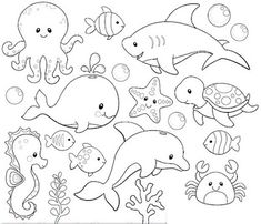 a coloring page with sea animals and fish