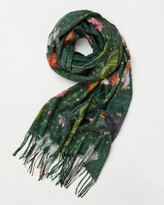 Catherine Rowe’s Into The Woods Scarf – Fable England US Fable England, The Woods, Winter Scarves, Twilly Scarf, Crafts From Recycled Materials, Wild Adventures, Green Scarf, Animal Brooch, Twilly