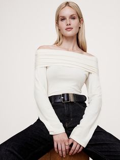 Luxe Wool-Blend Off-Shoulder Top | Banana Republic Partywear Dresses, Slim Fit Casual Shirts, Top Banana, Nightwear Women, Off Shoulder Top, Off The Shoulder Top, Off Shoulder Tops, Girls Jacket, Ladies Tops Fashion