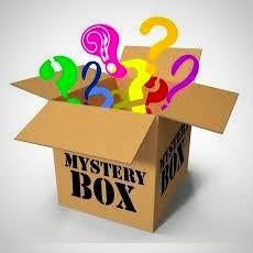 an open box with question marks on it and the words mystery box written in black