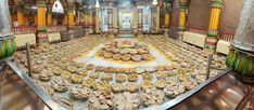 an elaborately decorated room filled with lots of food