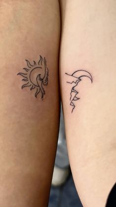 two tattoos on the legs of people with sun and moon tattoo designs on their thighs