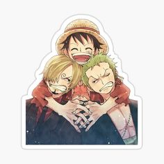 three anime characters hugging each other sticker