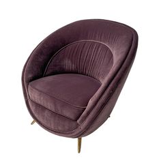 a purple chair with gold legs on a white background