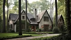 a large house surrounded by trees and bushes