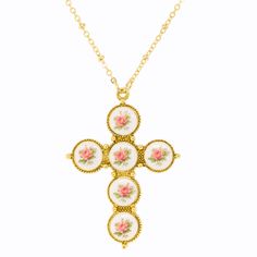 Gold Tone Pink Flower Decal Cross 30 In Flower Cross Necklace, Chic Baddie, Shopping Addict, Church Fits, 1928 Jewelry, Flower Cross, Bee Jewelry, Vintage Inspired Jewelry, Cameo Jewelry