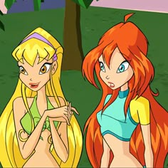 two cartoon girls standing next to each other in the grass with trees and bushes behind them