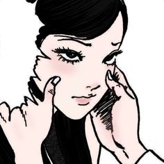 a drawing of a woman holding her hand to her face and looking at the camera