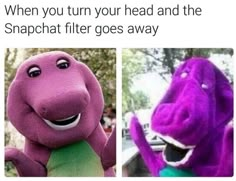 two pictures of the same purple dinosaur