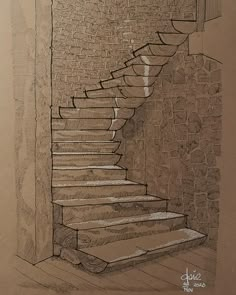 this is a drawing of a staircase going up the side of a brick building with stone walls