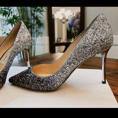 Jimmy Choo Romy 85mm Coarse Glitter Degrade Purchased In December 2020 Navy/Silver Glitter Size 37 (Women's Size 7) Silver Heel Heel Height: 85mm (3.3") Pointy Toe Worn Once To A Friend's Birthday Party Heels Have Been Kept In Plastic In Box Comes With Box, Dust Bag And Jimmy Choo Pamphlet Silver Heel, Jimmy Choo Romy, Party Heels, Silver Heels, Jimmy Choo Shoes, Friend Birthday, Silver Glitter, Blue And Silver, Jimmy Choo